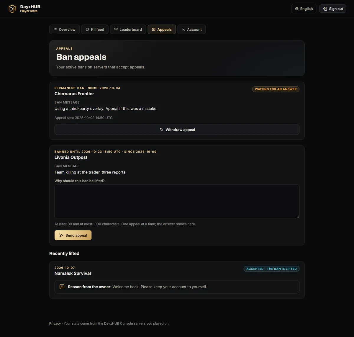 Appeals page with a waiting appeal, an appeal form and an accepted appeal