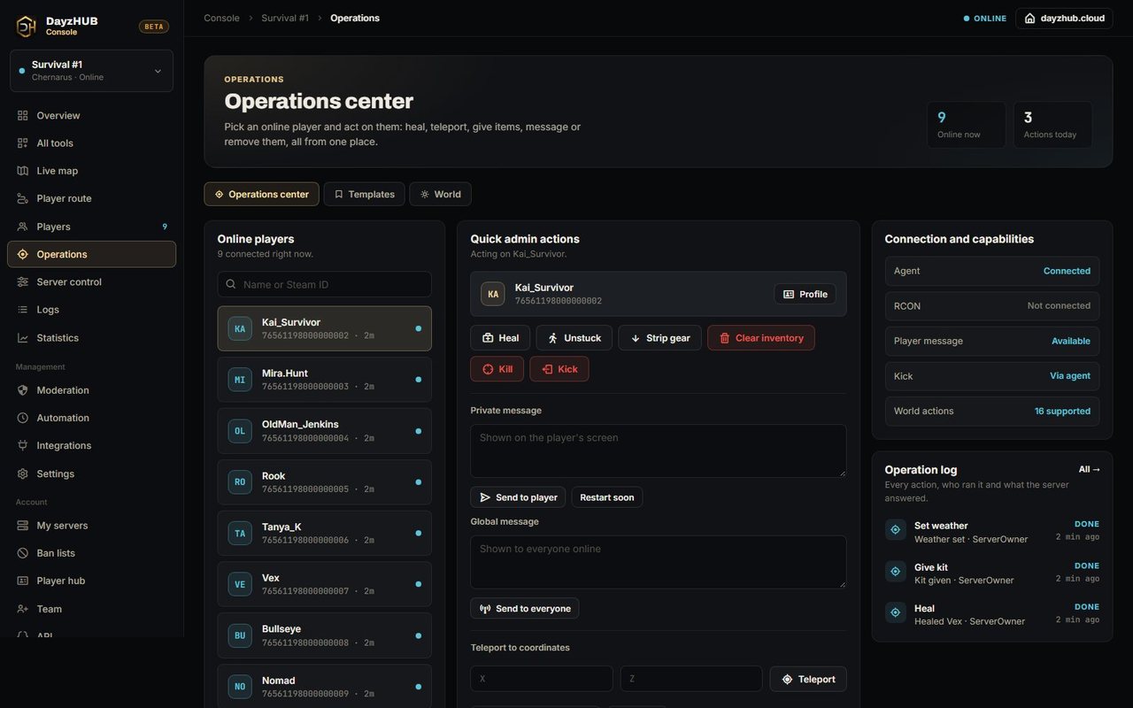 DayzHUB Console · Centrum operací