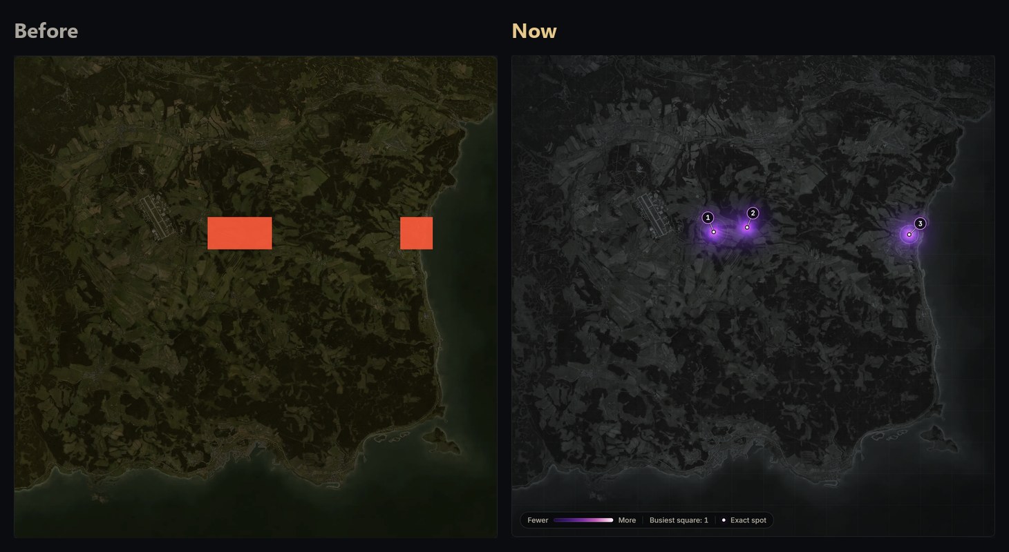 Three deaths: big squares before, exact glowing spots now