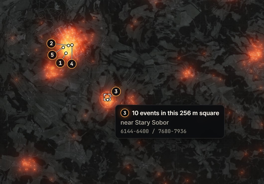 Hovering the map: the square under the cursor, its event count and the nearest place