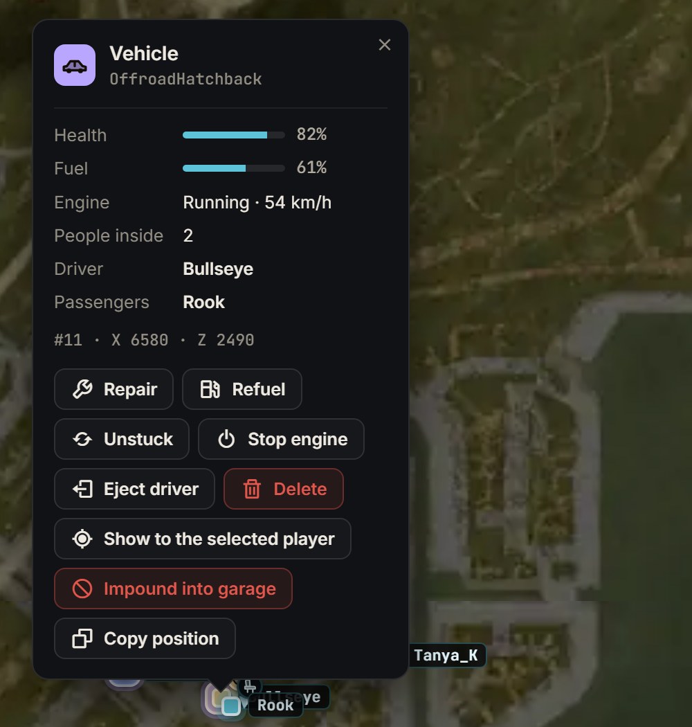 A vehicle on the live map: who is inside, the driver first, with the crew count