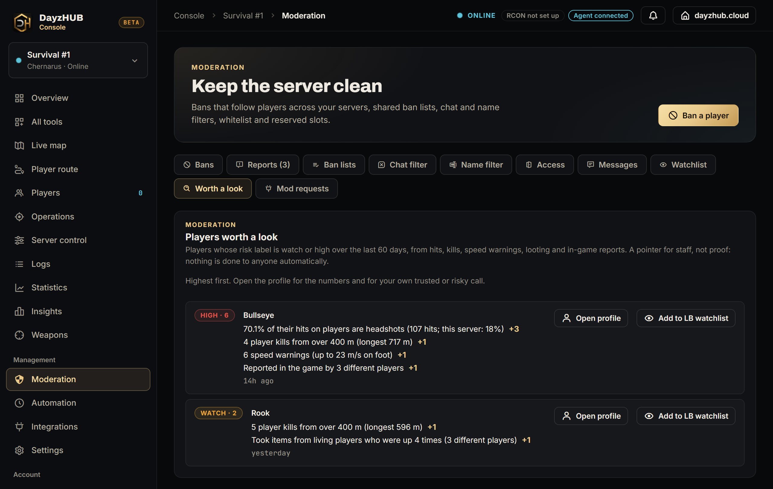 Moderation, Worth a look: players with PvP signals and the reasons